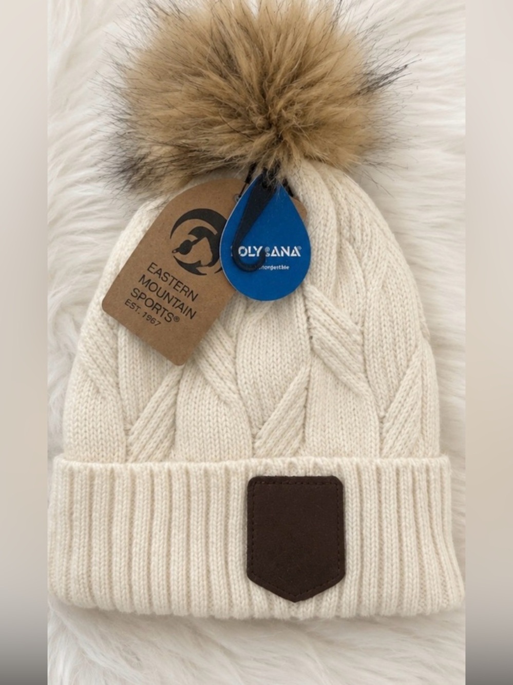 Eastern Mountain Sports Kids Cream Cable Knit Pom-Pom Beanie